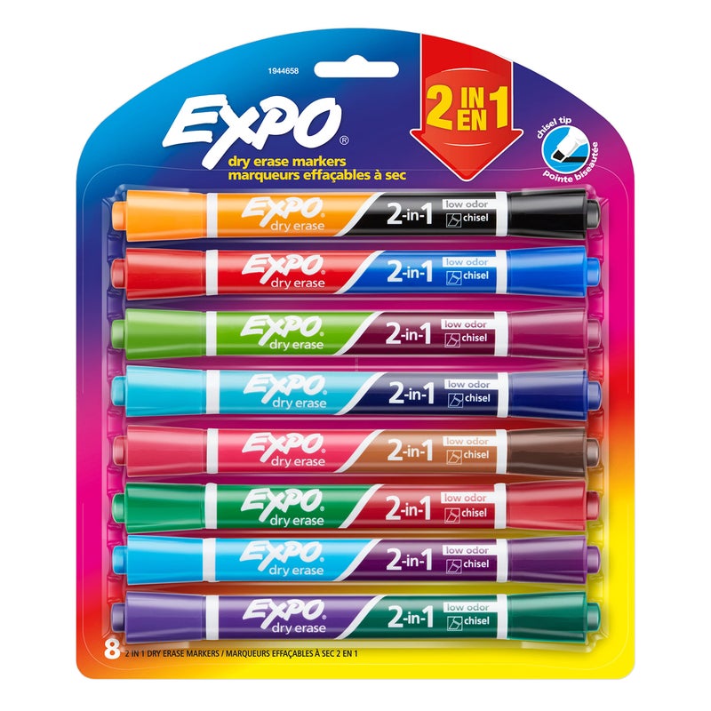 EXPO Dry Erase 2-in-1 Markers, Chisel Tip, Assorted Colors, 8 Count - Whiteboard, School, Classroom, Teacher Supplies - Image 1